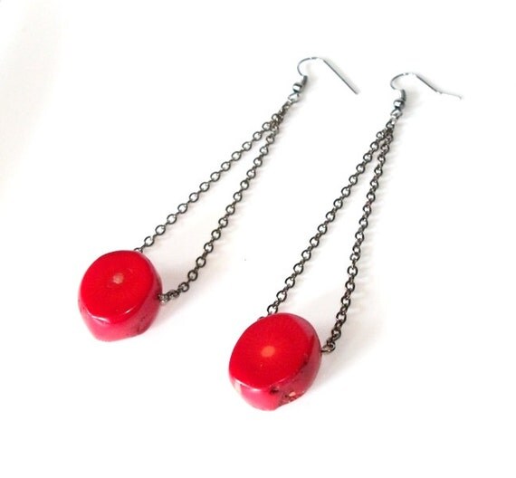 Chunky Natural Red Coral Earrings- Red, fall wedding, Fall Jewelry, OOAK, Autumn Jewelry, 2012 trend