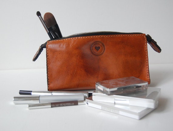 Handmade Cognac Leather Zipped Cosmetic / Pencil Case