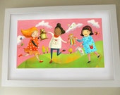 Illustration print for little girl's room - Ring around the rosy - Children's art 17"x11" - JaneySuperette