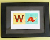 Whale illustration with initial W for kids room - giclee print 8x10 - JaneySuperette