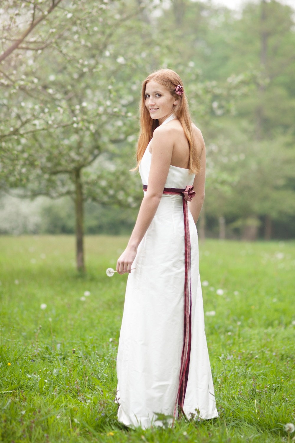 Fee- wedding dress with halterneck top and ribbons in plum, raspberry und soft pink, made of pure silk by noni- mode