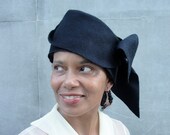 Black Wool Felt Hat - Women's New Draped Hat-  Ladies Cloche-1910s-1920s-Flapper-Turn of the Century- Asymmetrical Sculpted/Draped,OOAK
