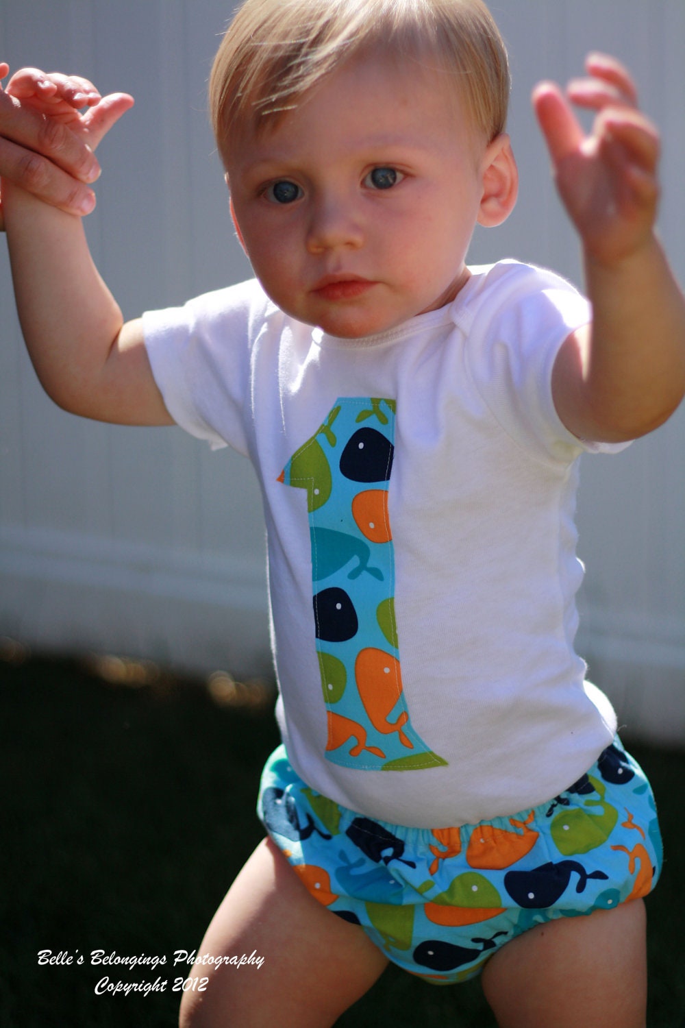 Boy's 1st Birthday Outfit-Onsies, Matching Diaper Cover-Personalized-Whale Number One
