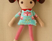 Reserved for Jina - Fabric Doll Rag Doll Girl with Aqua Floral Dress and Red Striped Leggings