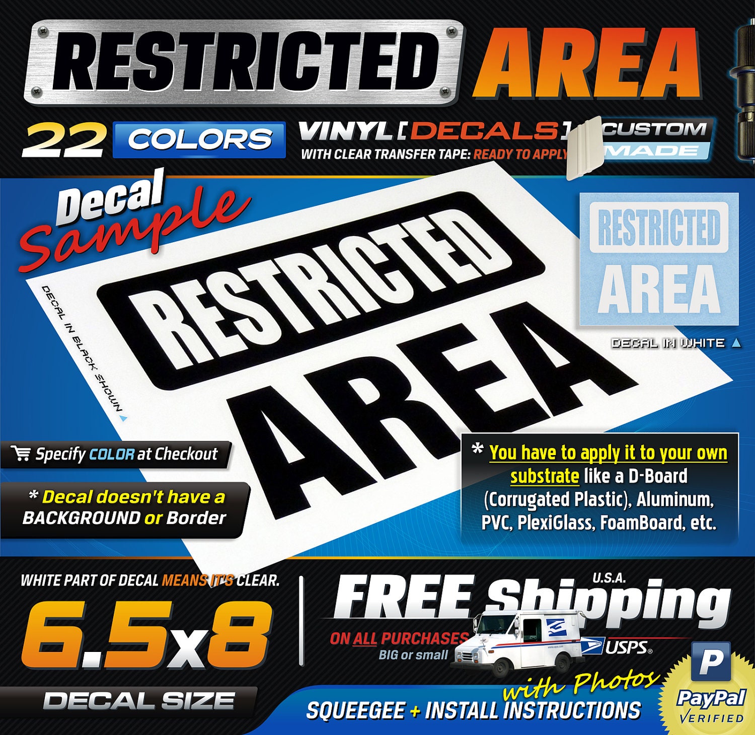6.5x8 (1) RESTRICTED AREA Sign for Fence or Door ( MEDIUM ) 1 Color Vinyl Decal