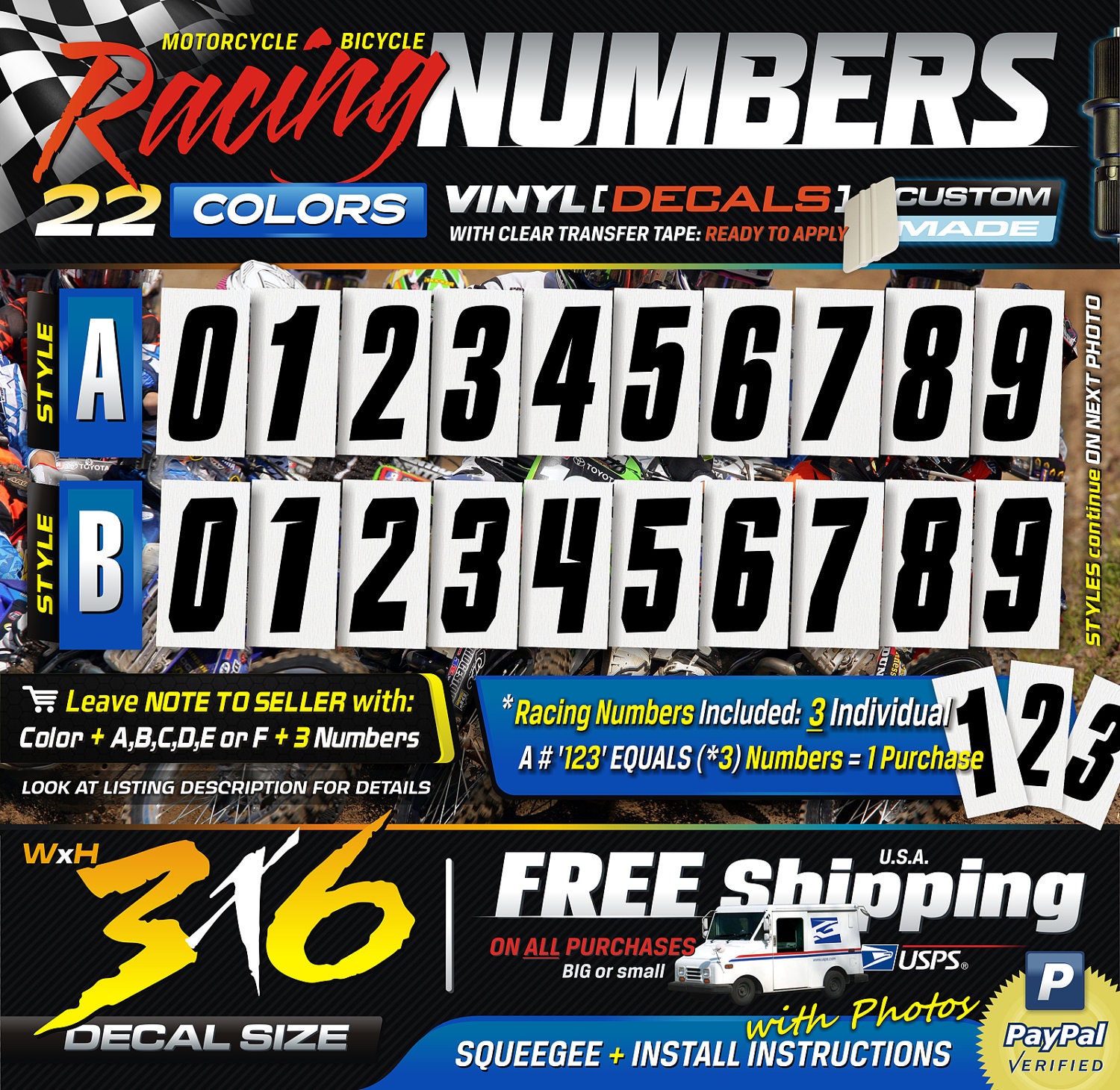 3x6 (3) Racing Numbers Vinyl Decal for Motorcycle, Bicycle ( SMALL ) 1 Color