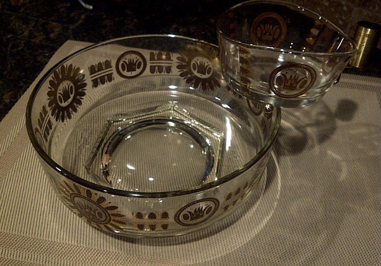 Vintage Glass & Gold Chip and Dip Set with Brass Toothpick Holder