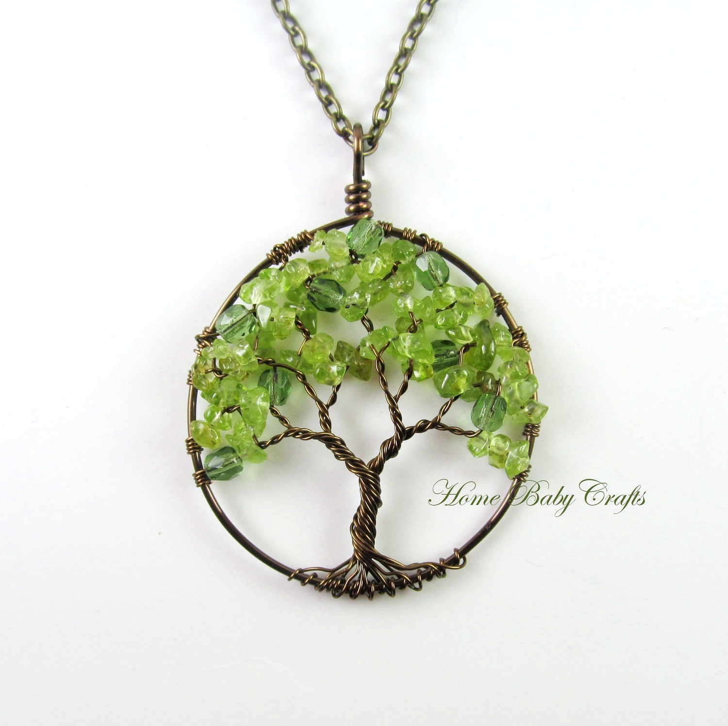 The Olive Tree, Wire Tree of Life in Antique Brass, Peridot, Green Glass, Wisdom, Peace, Earth Day