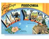 Greetings From Fredonia New York Vintage 1940s Large Letter Linen Postcard in Very Good Condition - Ready to Ship