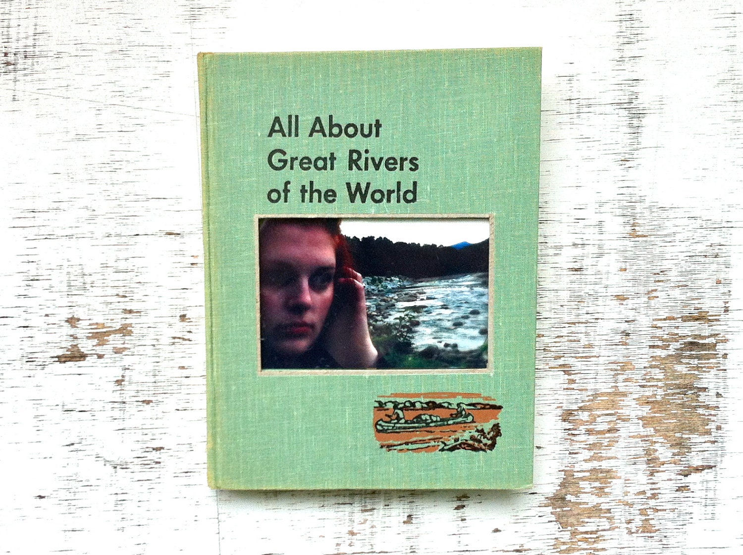 vintage book picture frame. READABLE vintage book as unique photo frame. All About Great Rivers of the World, 1957. seafoam mint green canoe