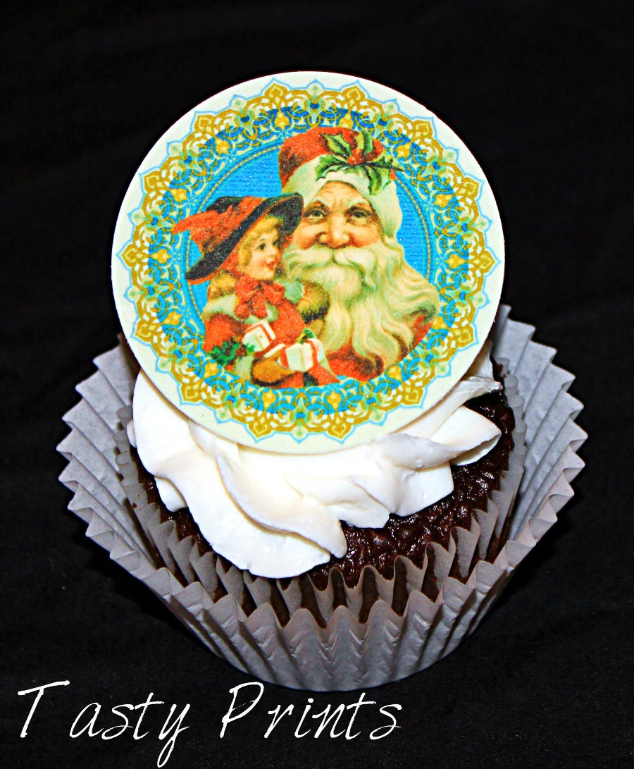 12 Christmas Edible Prints - Vintage Santa with child cupcake topper - Cookie Topper - Holiday baking Il_170x135