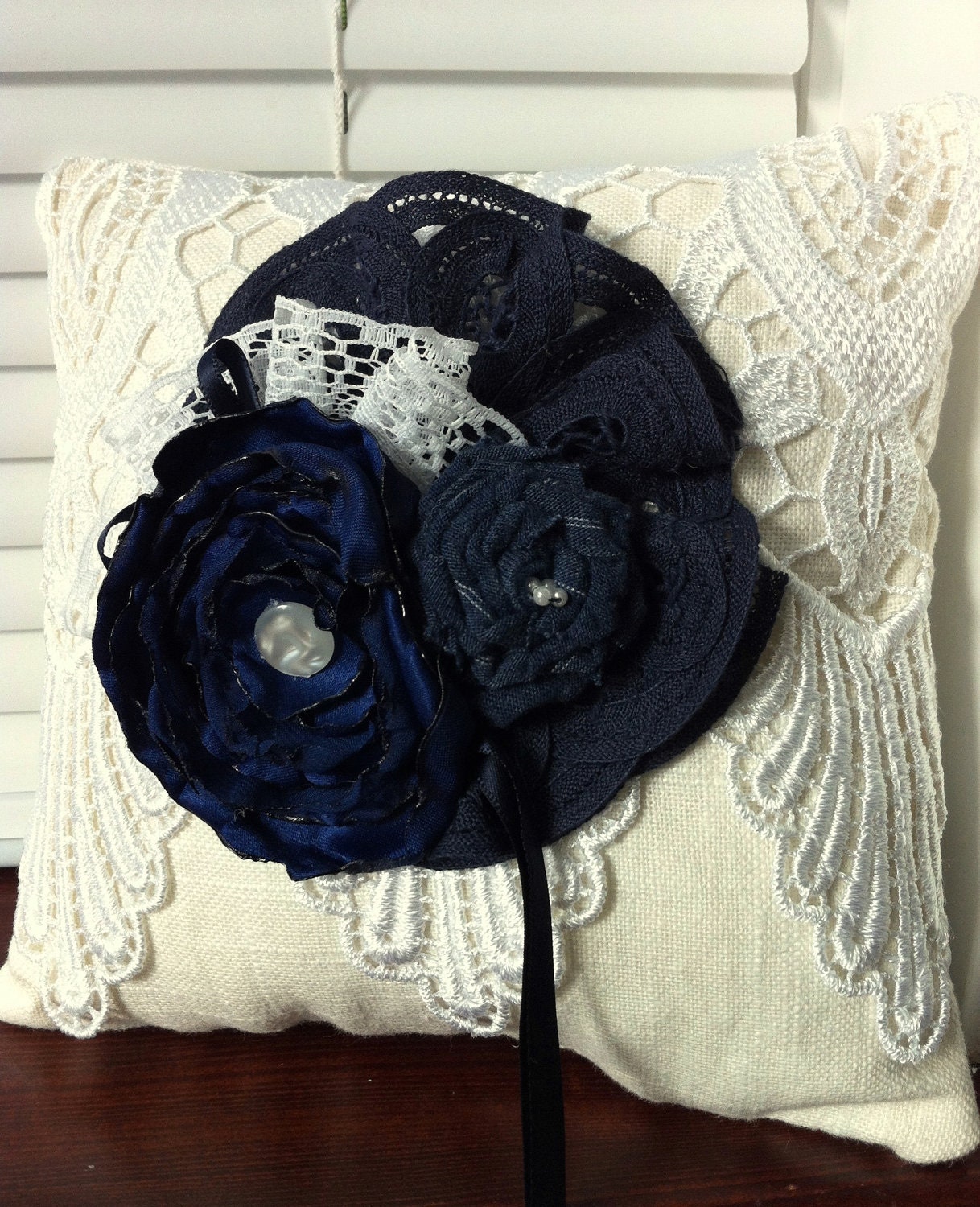 Navy Cobalt/ Midnight blue and Cream with White Lace Ring Bearer Pillow 941