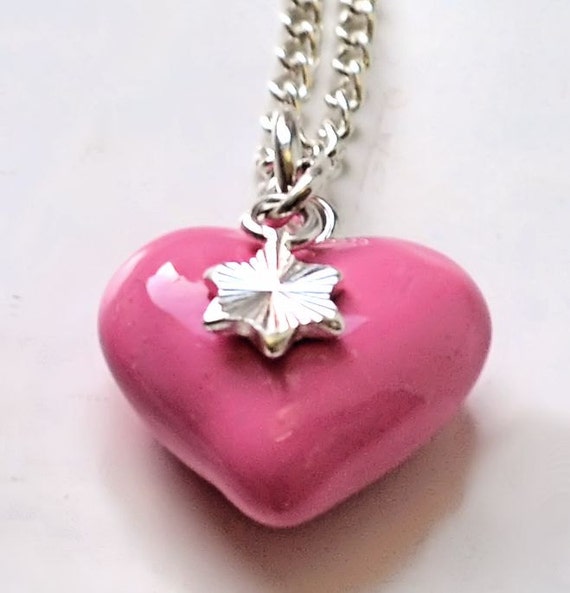 Large Heart Necklace, All Finest Sterling Silver, Pink Enamel Heart