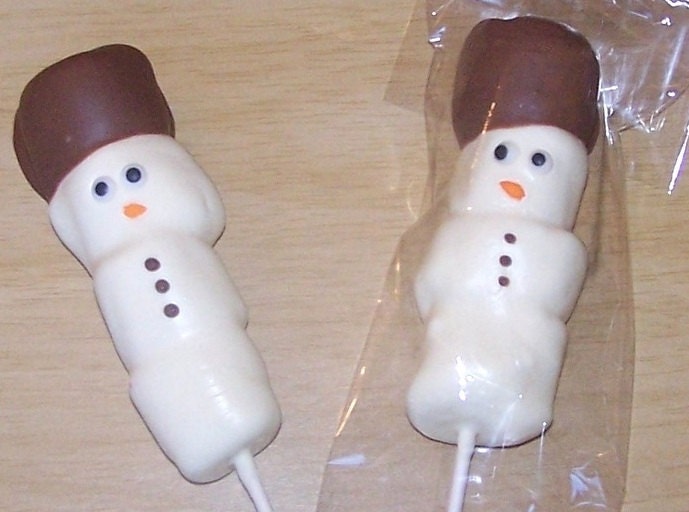 Snowman Marshmallow Pops - Party favors - chocolate covered marshmallows on a stick dipped in chocolate