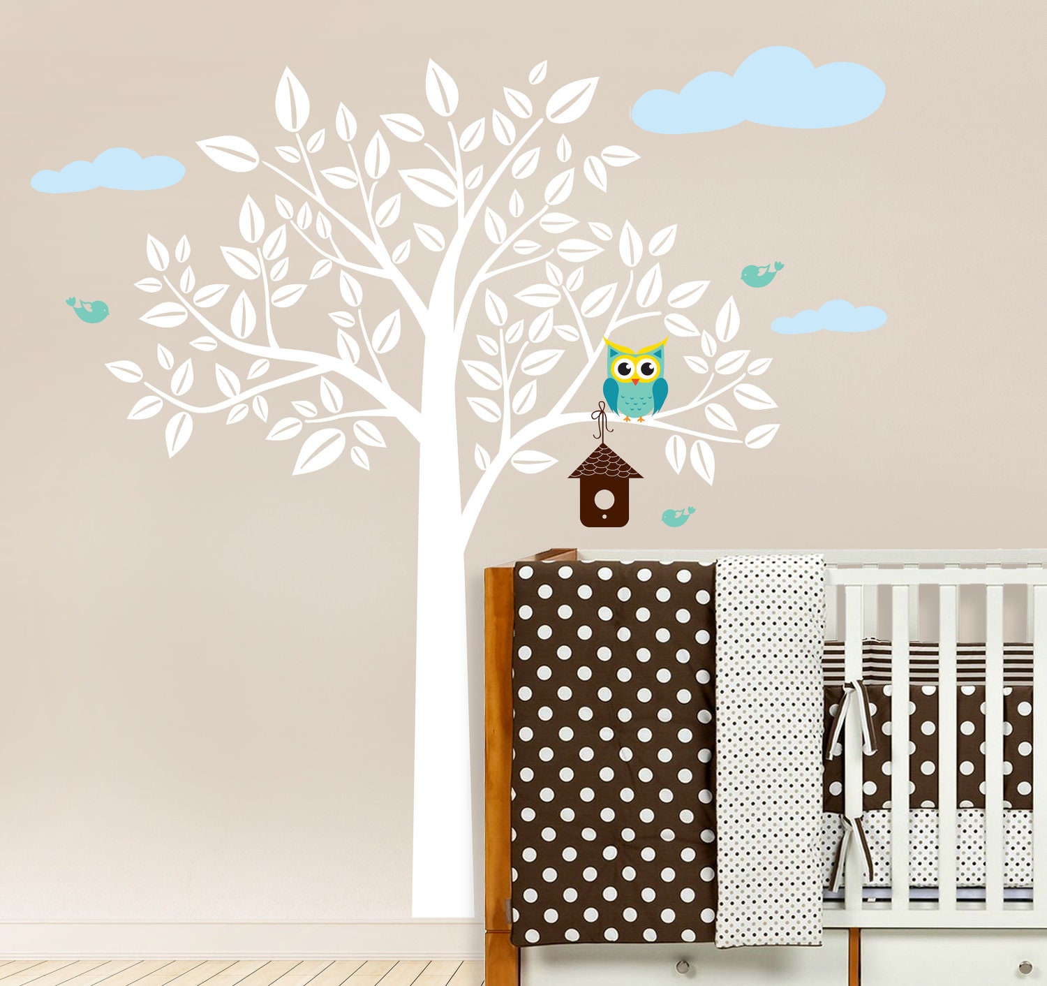 Owl Tree Decal with house, owl decal, tree with birds, white nursery tree, Nursery Wall Vinyl