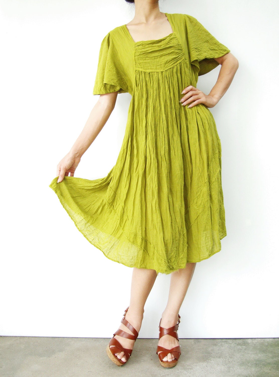 NO.9  Mustard Green Cotton Bell Sleeves Tonic Dress