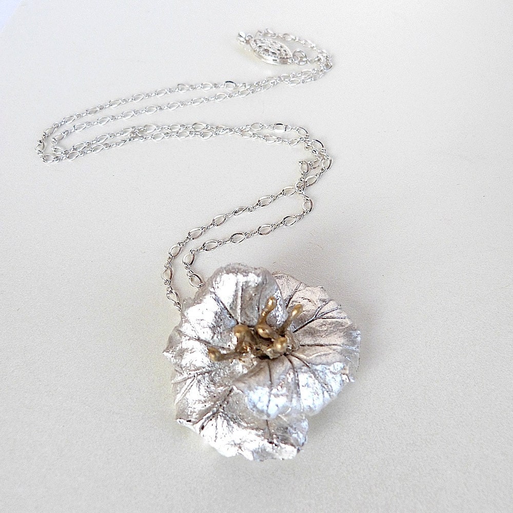 Fine Silver Flower Blossom Pendant Necklace with 22K Gold Overlay Center Handmade