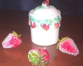 Strawberry Ceramic Container Jar Beige with Red Strawberries and Green Leaves Strawberry Lid