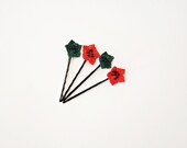 Four Handmade Crochet Hairpins, Red and Green Flowers, Black Beads, Hairpin Beadwork