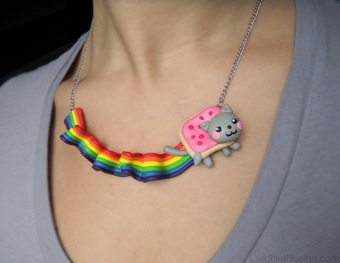 Nyan Cat Internet Meme Necklace - Long Wavy Rainbow, Geek Jewelry
