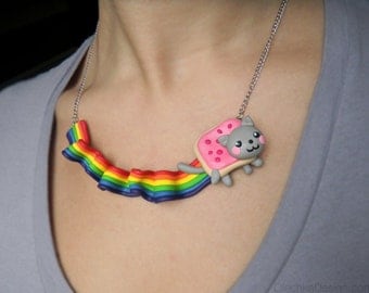 Nyan Cat Internet Meme Necklace - Long Wavy Rainbow, Geek Jewelry