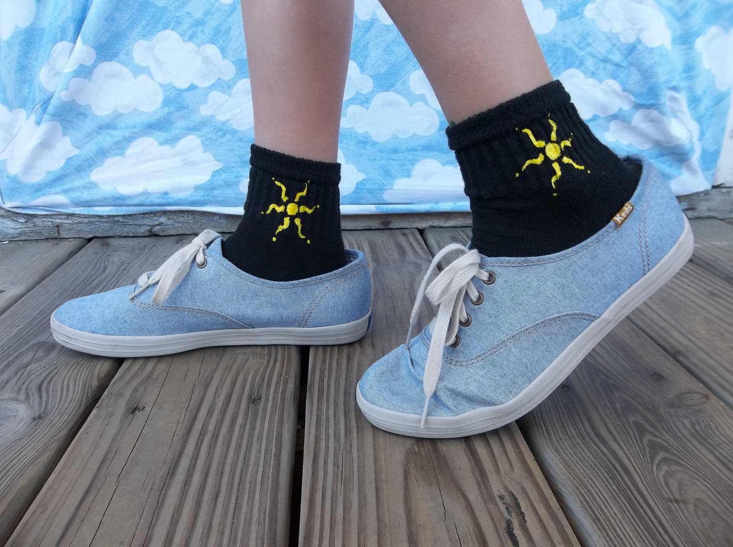 Hand Painted Black Socks for Bigger Feet: Simple Tribal Sun (women's large/xl - men's medium/large)