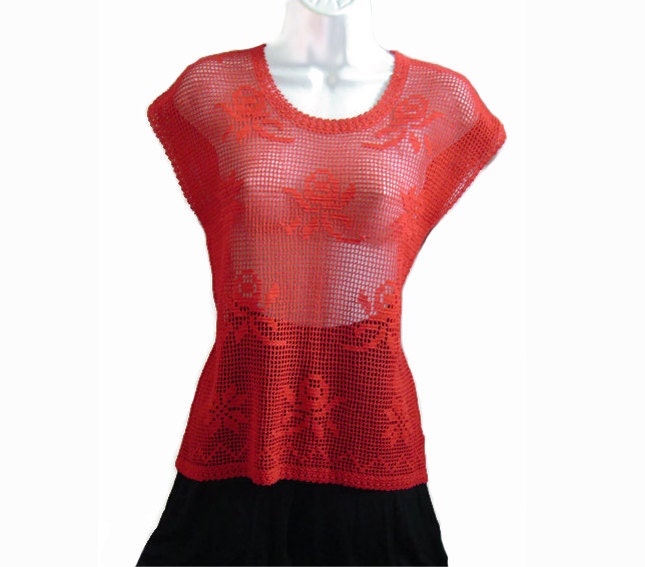 SALE Crochet Top, Crochet Tunic, Red Top / Tunic, Christmas, Cotton Top / Tunic, Boho, Red Roses, Gift Ideas, OOAK