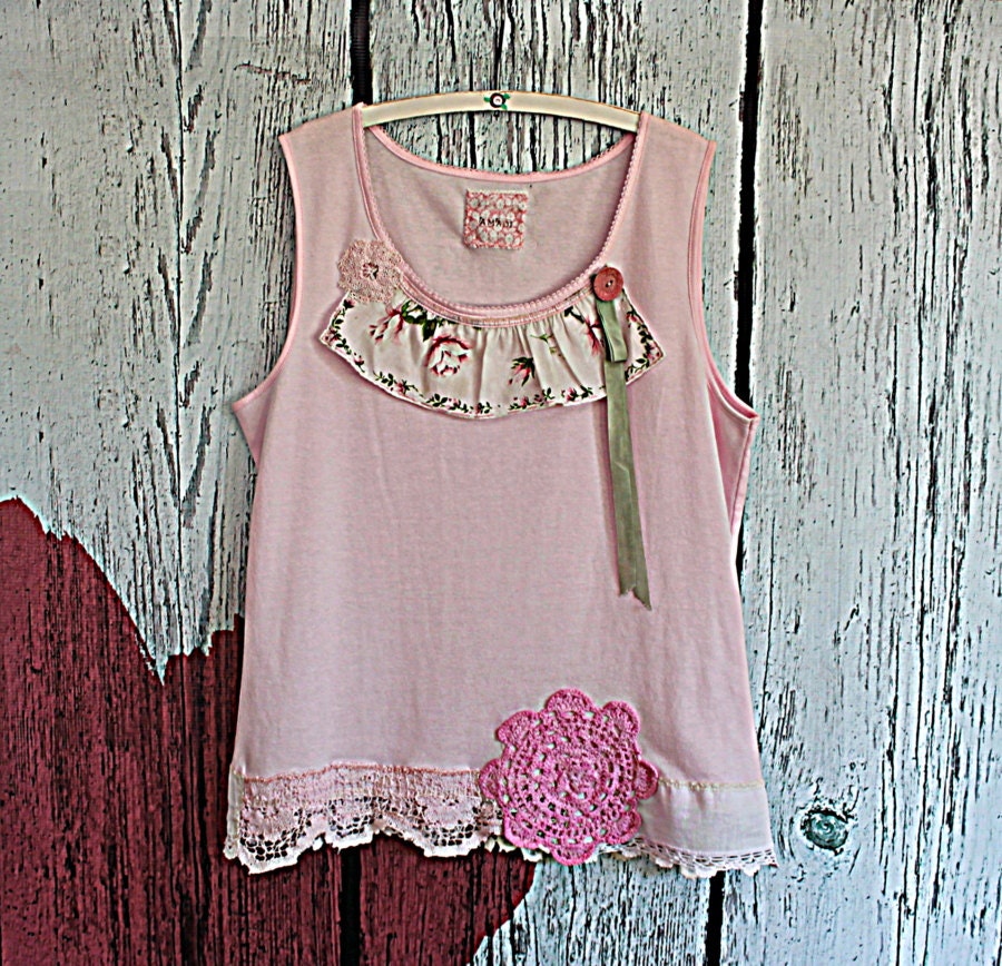 Women's Romantic Tank Top / Ladies Eco Couture Top / Vintage Hankie and Lace Shirt