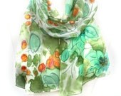 Hand Painted Silk Scarf. Green Scarf. Echarpe Foulard. Gift for Her. Birthday Present. Ladies Scarf. 10x60 in. (25x150 cm). Ready to Ship.