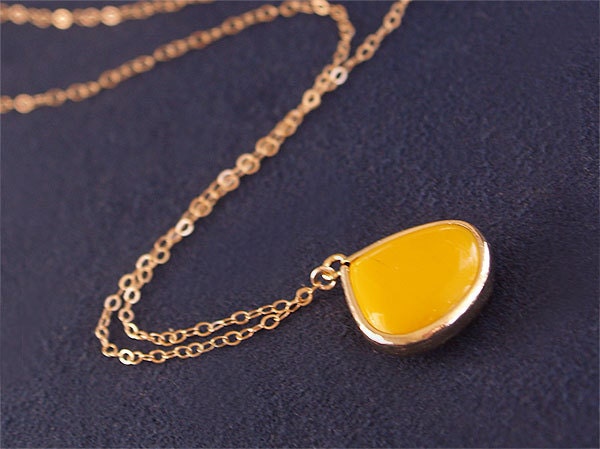 Mustard Teardrop Necklace in Gold - Mustard Drop Necklace on Gold Filled Chain - Bezel Set - Vintage Yellow Mustard Necklace
