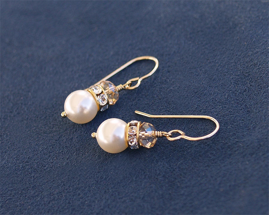 Bridesmaid Earrings - Ivory Pearl and Champagne Bridesmaid Earrings - Swarovski Pearl and Crystal Earrings - Gold Filled Wedding Earrings