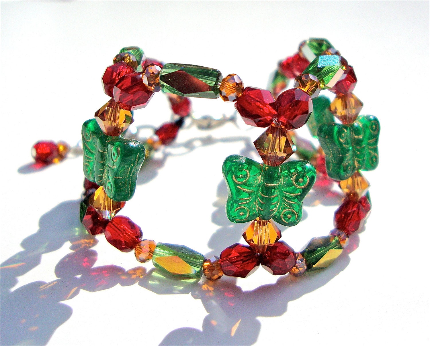 Double strand red and green butterfly bracelet with golden crystals and czech glass beads - summer bracelet - by Sparkle City Jewelry
