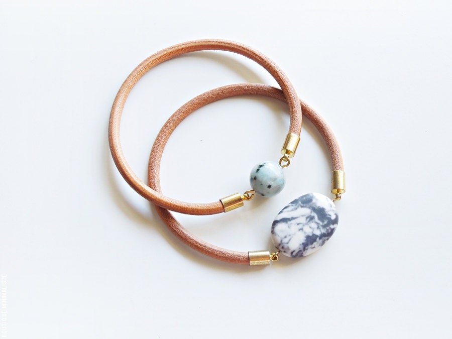 Leather bangle bracelet - Kiwi Jasper and Zebra Jasper