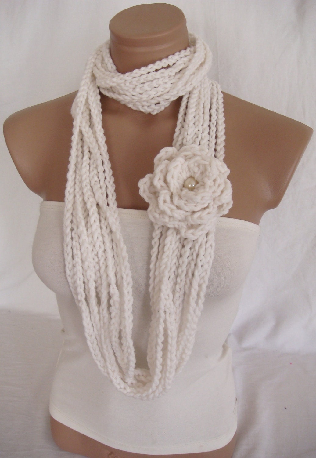 Crocheted Scarf, Infinity Rope Scarf, Chain Scarf (White) by Arzu's Style