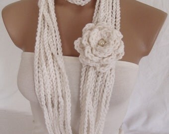 Crocheted Scarf, Infinity Rope Scarf, Chain Scarf (White) by Arzu's Style