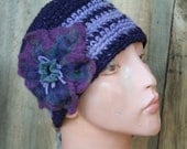 Women's Purple and Lavender Wool Crocheted Hat -Plum Felted Flower- OOAK