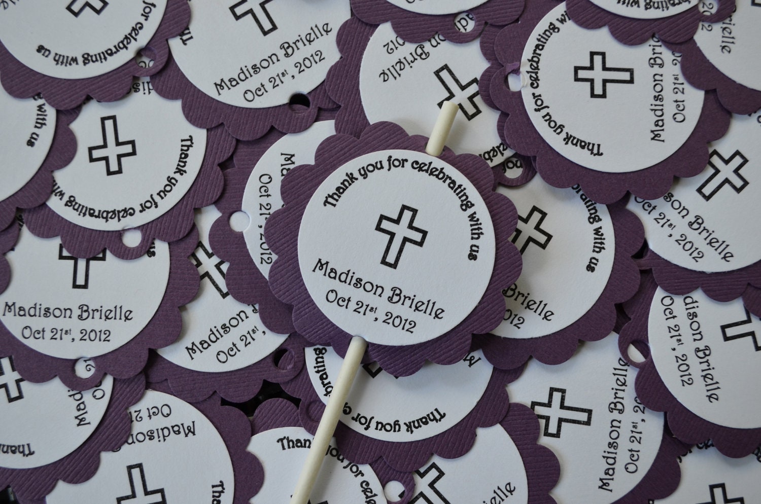 Purple, White, Gray Personalized Thank You Tags Labels for Use on Cake or Marshmallow Pops