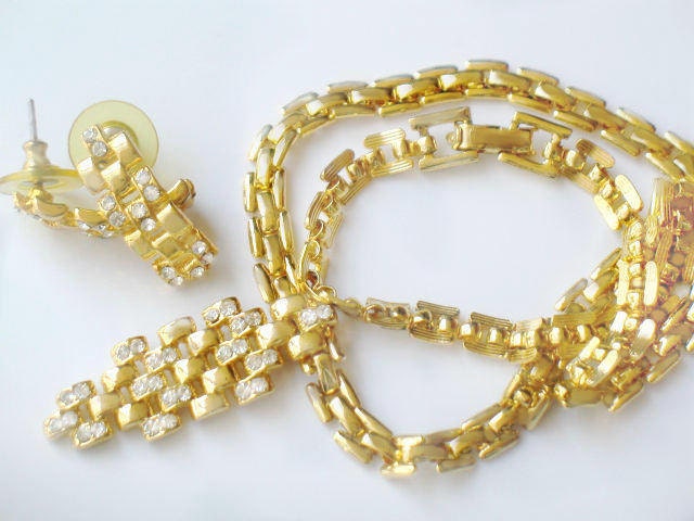 ART DECO Necklace and Earrings Vintage 1970s Rhinestone Gold Tone Collectable Jewelry Unsigned Beauty Art Deco Jewelry Set
