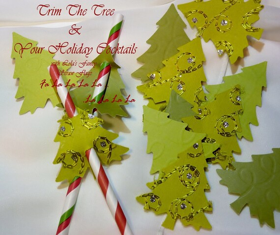 24 TrIm the Tree HoLiDaY STRAW TAGS to Garnish Your Paper Straws- assorted Greens and Textured BLING Tree CutOuts Il_570xn
