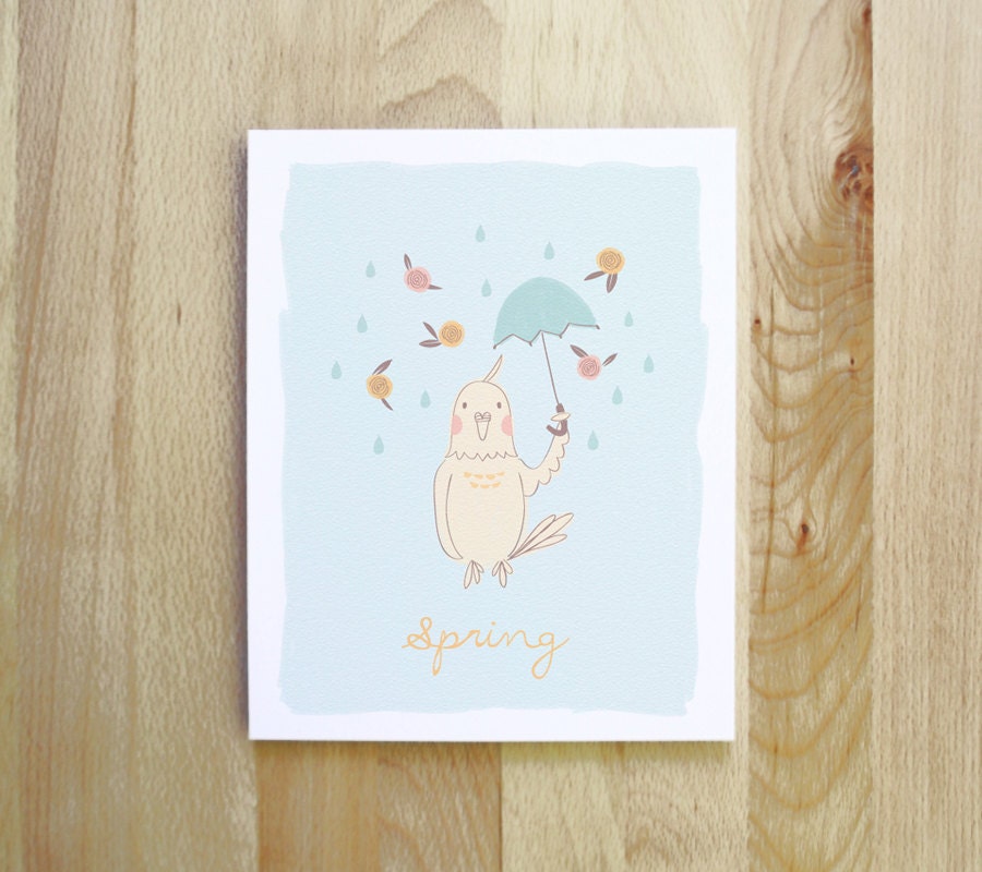 spring printemps french option bird umbrella flowers nursery children art print 8x 10 woodland cottage chic handwriting illustration pastels