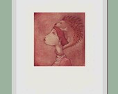 Woman and hedgehog illustration, etching print