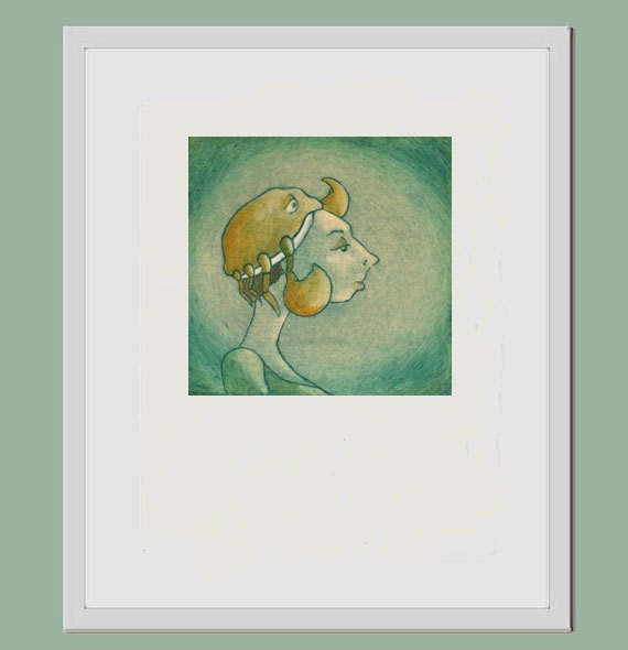 Woman and crab illustration, etching print colored with watercolor