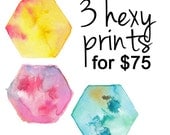 Set of 3 Hexagon geometric watercolour art print yellow pink blue rainbow