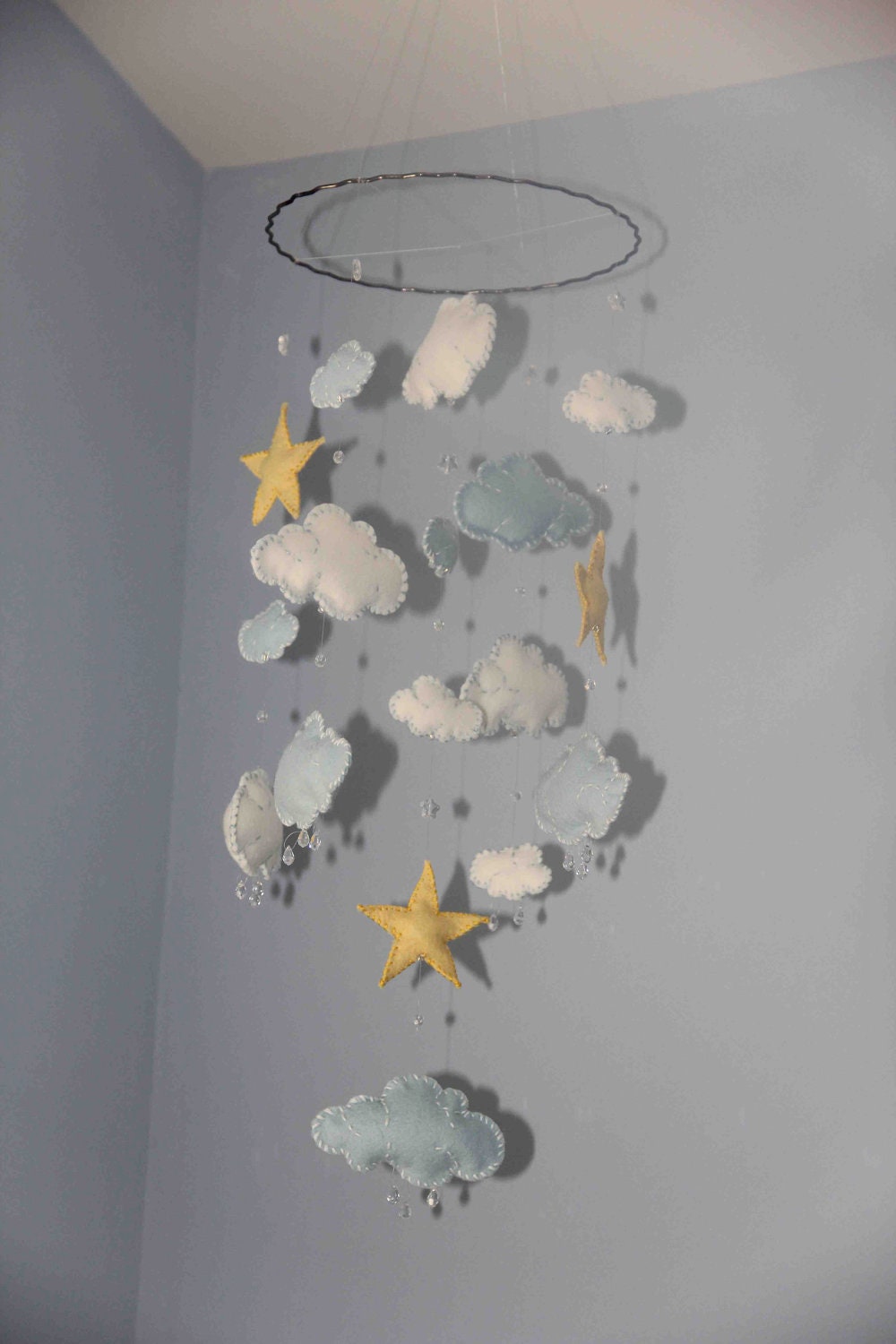 Baby Blue and White Felt Clouds with Yellow Stars and rain drops (glass) Mobile