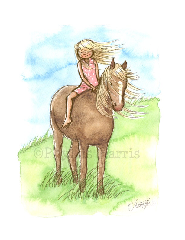 Children's Wall Art Giclée Print 13 x 19" - Horse Girl - Girl's room decor- customizable hair color on little girl