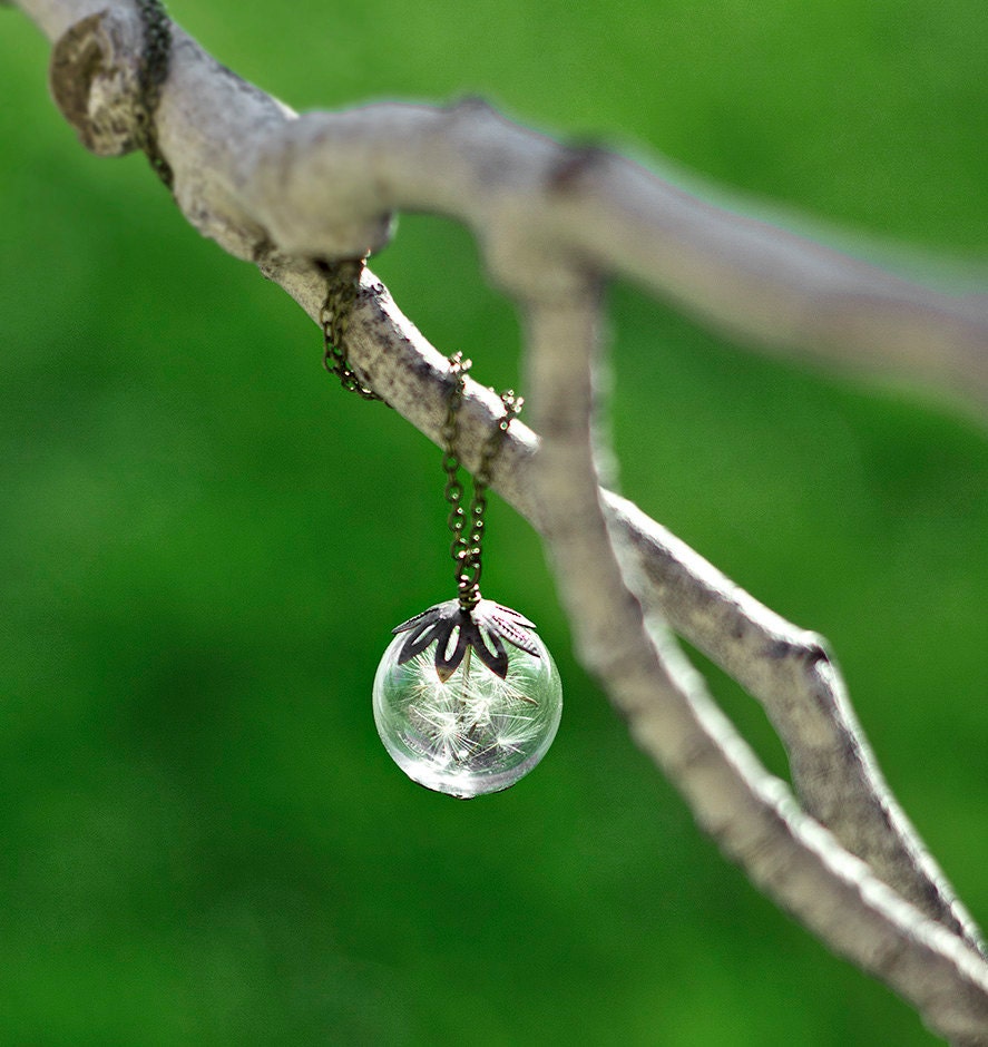 Dandelion Seed Necklace Antique Brass Bronze Dandelion Necklace Make A Wish Glass Bead Orb Transparent Round Beadwork Real Flower Botanical