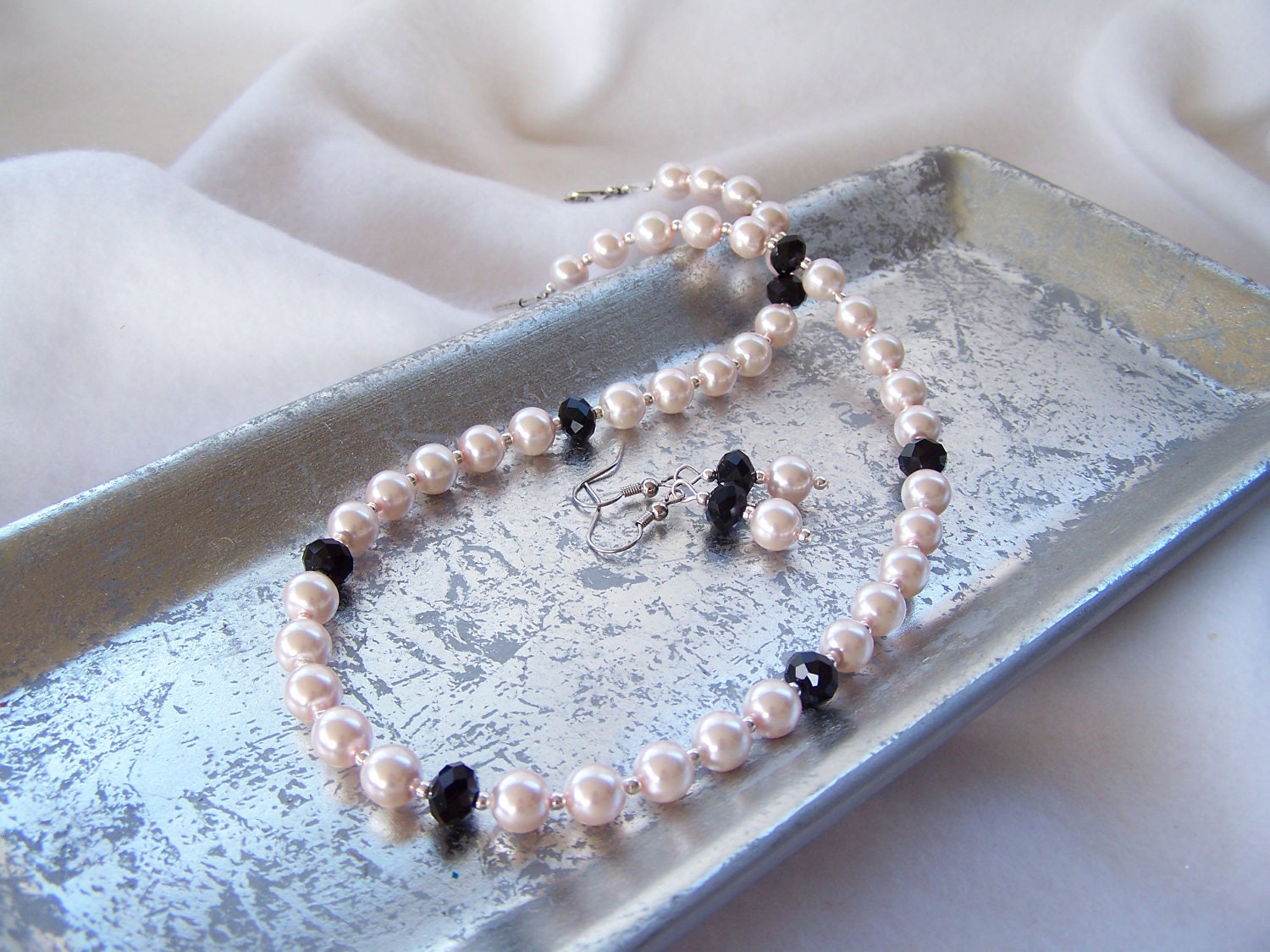 Pink Faux Pearl and Glass Beaded Necklace with Matching Dangle Earrings - Handmade Jewelry - Wedding Jewelry - Ready to Ship