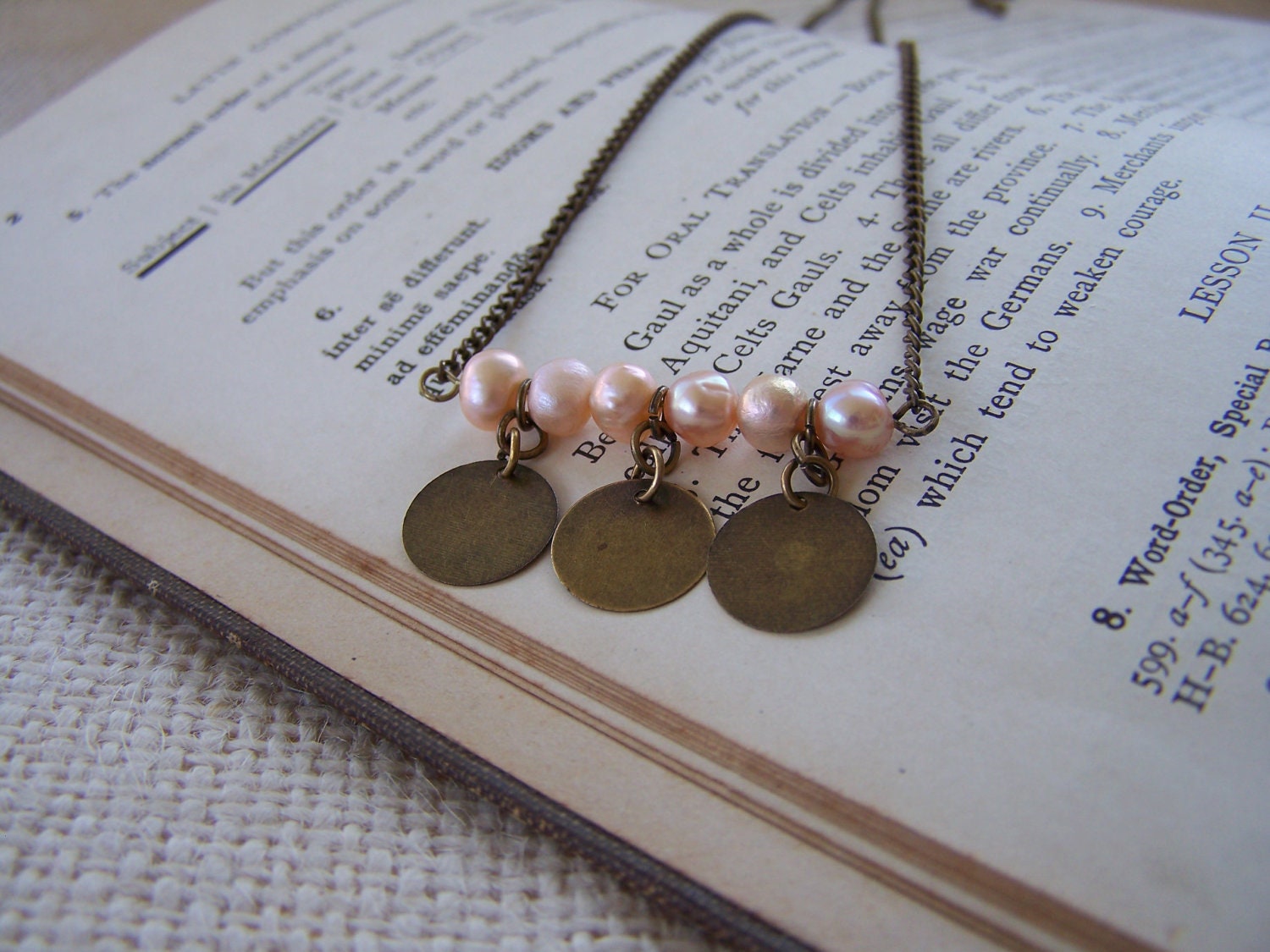 Antiqued Gold Bar Necklace with Peach Freshwater Pearls and Dangling Metal Discs - Handmade Jewelry - Minimalist Necklace - Ready to Ship