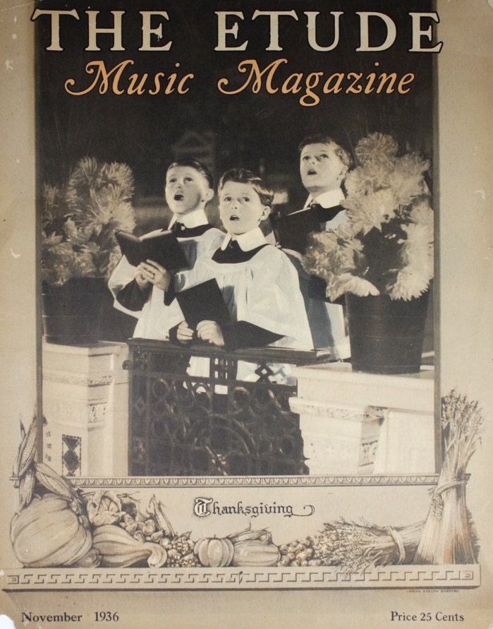 Vintage Magazine Cover / 1936 Etude / Young Boys Thanksgiving Choir / Holiday Art / Choral Music / Black and White / Home Decor