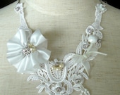 Bridal Lace Necklace Wedding White Bib Applique Handmade Rhinestone Ribbon Pearl Silver Chain for Bride, Bridesmaid, Party Occasions